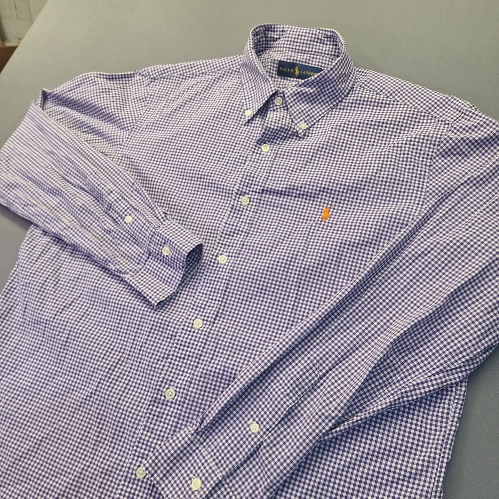 Polo Ralph Lauren Mens Large Purple Gingham Check Cotton Button Down Shirt